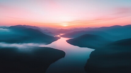 Fototapeta premium Stunning sunset over a tranquil river and rolling hills in the mountains