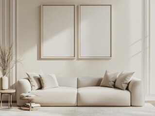 Fototapeta premium A white couch with pillows on it sits in a room with two empty picture frames on the wall