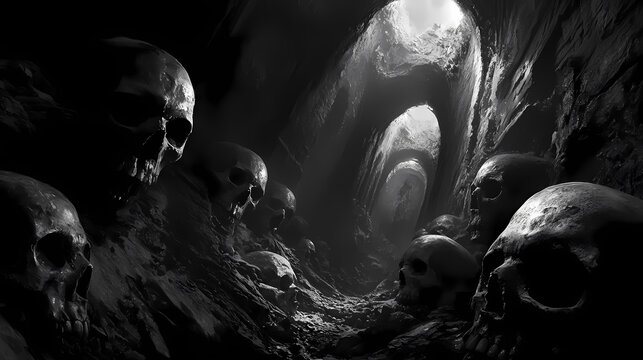 A haunting descent into the abyss skulls and shadows in a dark realm. Forsaken Realm. Illustration