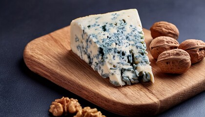 Fototapeta premium danish blue cheese on a wooden board with walnut kernels dark background