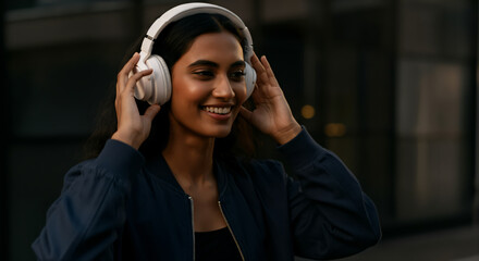 Young adult asian female enjoying music with headphones outdoors