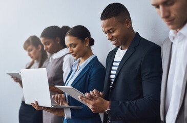 Fototapeta premium Technology, applicant or business people waiting for opportunity, hiring app or job interview in office. Sign up, phone or candidate on tablet in corporate for employment recruitment registration