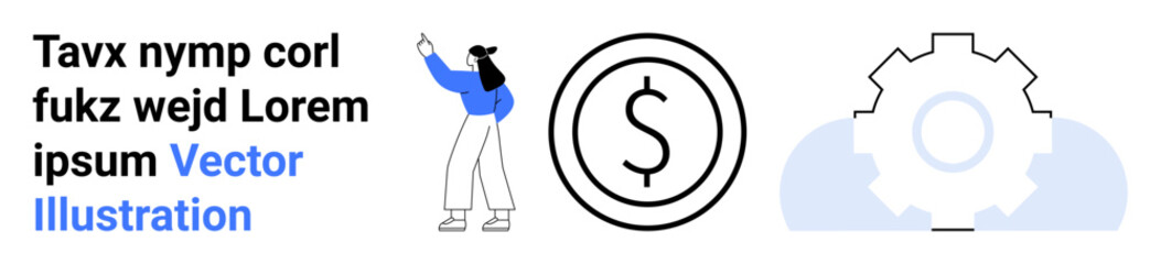 Fototapeta premium Woman pointing at text, a coin with dollar sign, and a gear icon. Ideal for business, finance, technology, teamwork, service, productivity education simple landing page