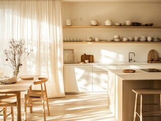 A kitchen with a white counter and a wooden island. There are several shelves with plates and bowls on them. A vase with flowers is on the table