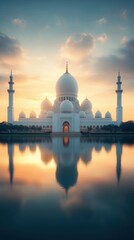 Fototapeta premium Majestic white mosque reflecting on a serene lake during sunset in a tranquil landscape