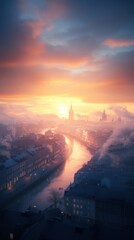 Naklejka premium Sunset over a river city with historical architecture and misty atmosphere during twilight hours