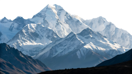 Majestic snow capped mountains rise against a clear sky