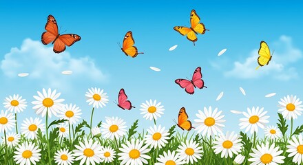 Fototapeta premium Vibrant Butterflies Dance Above Daisies Springtime Meadow Dream in Vivid Hues Colorful Butterflies and Daisies Joyful Flight Above Sunny Meadow Digital Art Springtime Butterfly Meadow AI Generated