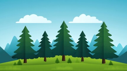 Fototapeta premium Lush Green Forest with Tall Pine Trees Against a Clear Blue Sky and Soft White Clouds in a Scenic Landscape
