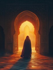 Woman in Robe Walking Through Arched Doorway with Warm Glowing Light