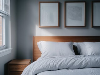 A bed with white sheets and pillows. The bed is made and the pillows are neatly arranged