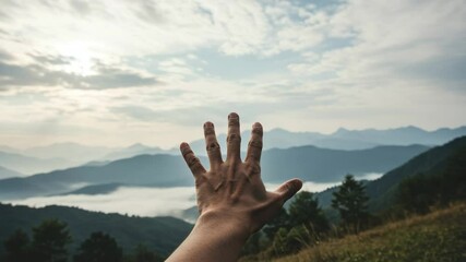 hand outstretched mountain landscape view