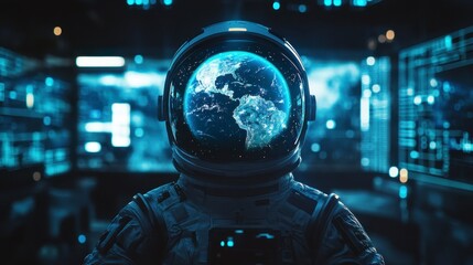 Astronaut Contemplating Earth Through Visor, Futuristic Control Room Background