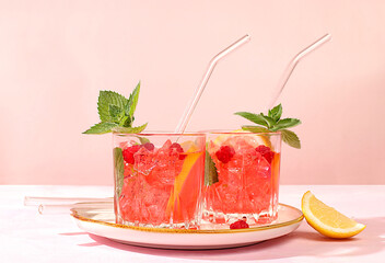 Cold homemade lemonade cocktail, mojito with mint, raspberry and fruits on a sunny table,...