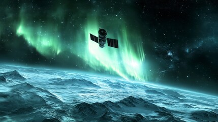 Satellite Orbiting Planet with Aurora Borealis