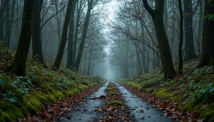 Obraz premium Misty forest path with fallen leaves and lush greenery 