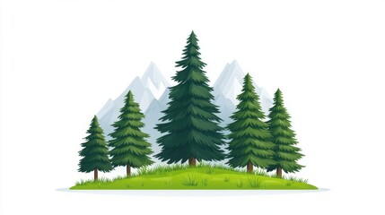 Fototapeta premium Scenic Illustration of Forest Landscape with Tall Pine Trees and Majestic Mountains in Background