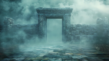 Ancient forgotten temple entrance hidden in mist. Oblivion Gate. Illustration