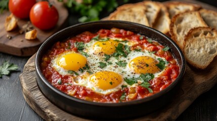 Fototapeta premium Shakshuka Eggs with Tomatoes and Bread