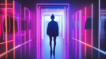 Glowing fitting room experience with vibrant lighting and modern fashion