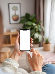 Mockup image of a woman holding mobile phone with blank desktop white screen at home
