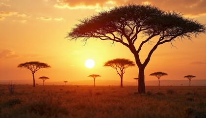 Obraz premium Savanna sunset with silhouette acacia trees against a vibrant sky 