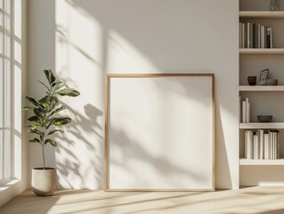 A white framed picture sits on a shelf in a room. The picture is empty. A potted plant sits next to the picture