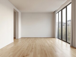 Fototapeta premium A large empty room with a white wall and wooden floors. There is a window with curtains and a door