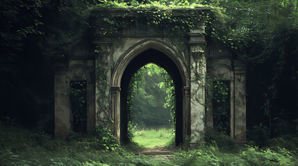 Fototapeta premium Overgrown gothic archway for dark portal. Oblivion Gate. Illustration