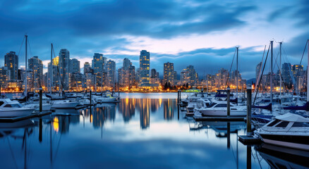 Naklejka premium Serene Waterfront Cityscape at Dusk