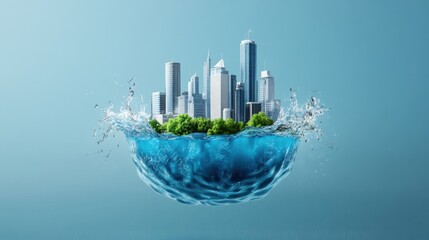 Futuristic cityscape floating on a water surface with trees and splashes, representing environmental harmony and innovation