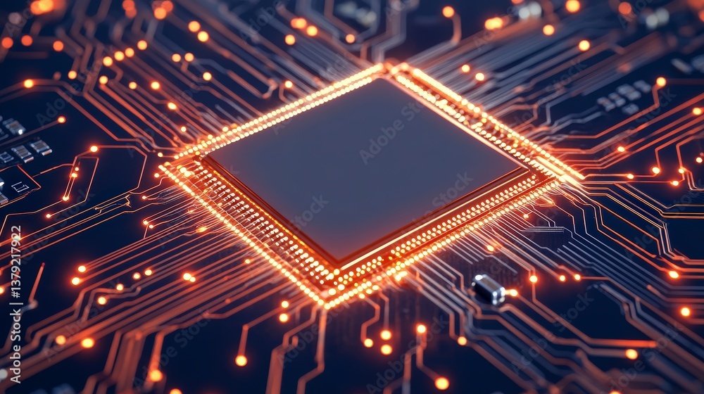 Poster close-up of a microchip with intricate circuit lines and glowing connections.