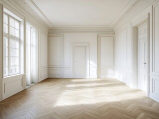 A large room with white walls and wooden floors. There is a door in the middle of the room