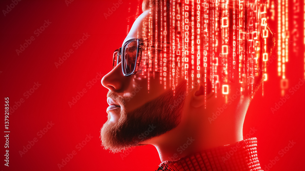 Poster man with beard and sunglasses immersed in digital binary code. bold red backdrop enhances tech atmos