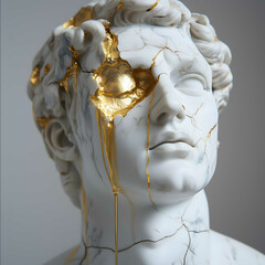 A marble statue of a Greek god with gold paint dripping down the face and neck The head is broken off leaving a marble sculpture with a broken head Golden oil ap