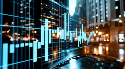 Urban Finance Data Visualization: Financial Analysis in a Futuristic Cityscape with Trading Graphs and Market Trends