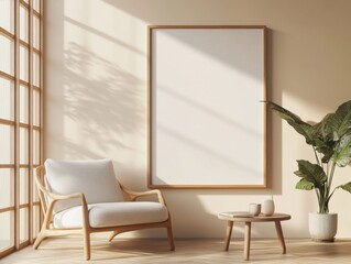 A white framed picture hangs on a wall. A chair is in front of the picture. A potted plant is on a table