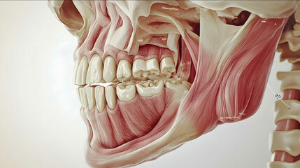 Create a detailed anatomical illustration of the temporomandibular joint TMJ showcasing its components such as the condyle articular disc joint capsule ligaments