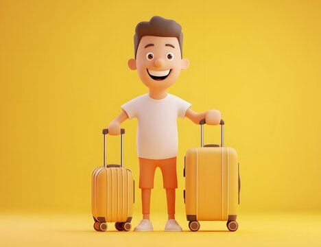 Cartoon man smiling with two yellow suitcases against a yellow background.