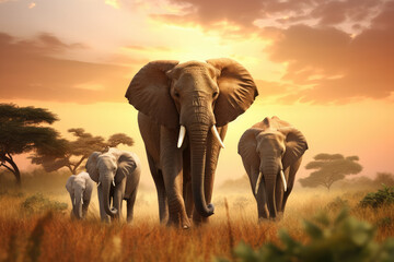 Fototapeta premium Majestic Elephant Family Roaming the African Savannah