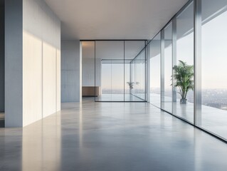 A large open room with a large window and a potted plant. The room is empty and has a lot of natural light
