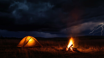 Stormy night camping : Tent glowing from within, bonfire struggling against the wind, lightning bolts illuminating storm clouds in the distance, intense contrast