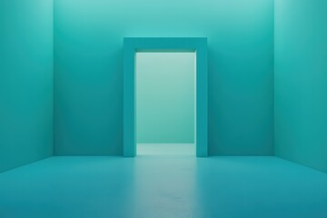 An open doorway leads into a minimalist empty teal colored room