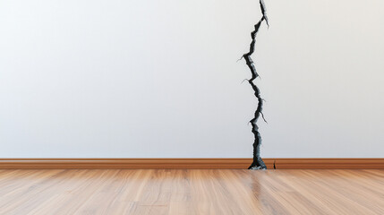 Earthquake crack damage concept, Cracked wall in interior room with wooden floor and baseboard