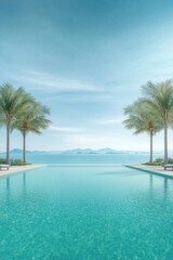 Fototapeta premium Stunning view of a serene infinity pool surrounded by palm trees and a tranquil ocean landscape at dawn