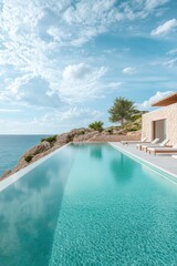 Fototapeta premium Stunning infinity pool overlooking the ocean with rocky landscape and clear blue skies
