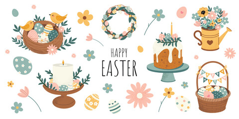 Happy Easter set with cute holiday elements. Easter cake, candle, basket with eggs, wreath, flowers, birds and spring decor. Flat vector illustration isolated on white background.