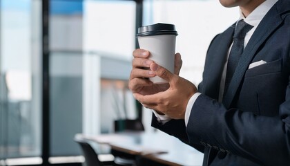 ビジネスマンの手元に映るコーヒーカップ、洗練されたオフィスの雰囲気を演出

