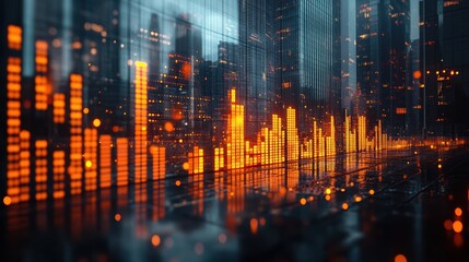 Obraz premium Futuristic Financial Analytics and Trading Statistics Against City Skyline: Modern Data Visualization and Economic Insights with Urban Technology Background