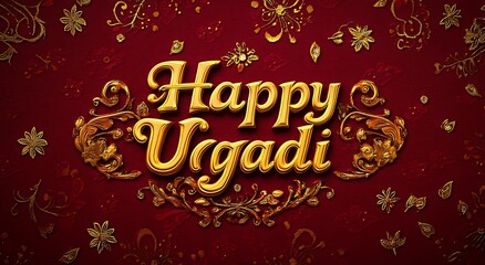 Elegant Happy Ugadi Golden Text on Festive Red Background With Floral Accents